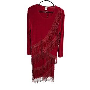 Vintage Red Stretch Fringe Dress Skirt Two Piece Set Sz Large
